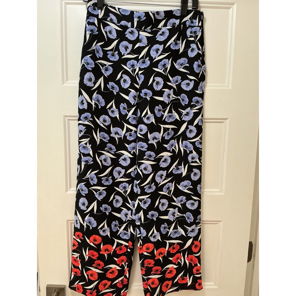 Ann Taylor Petite Floral Wide Leg Pants Blue Red Poppy Print Trousers 2P
